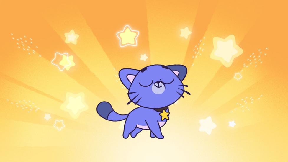 Deborah is a purple cartoon cat, holding her head high, with bushy whiskers and a gold star collar.