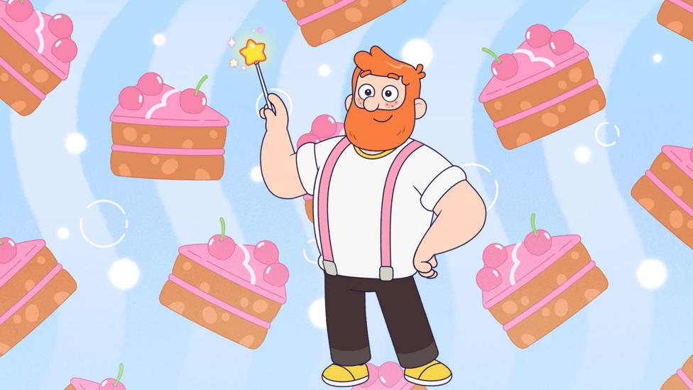 Jake, Rafi's Daddy, is a broad-shouldered white man with ginger hair and beard, wearing braces over a white tshirt, holding his wishing wand against a background of pink gateaux cake slices.