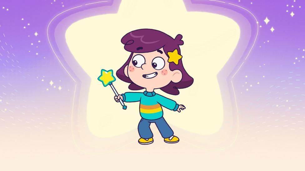 Rafi is a seven year old animated girl with bushy brown hair, a shortened wishing wand in her hand, grinning and looking excited.