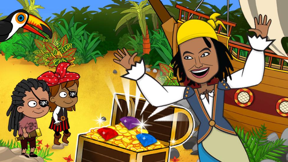 On a desert island beach, Gem the pirate is jumping in front of a shining treasure chest full of gems. There are two young pirates watching.