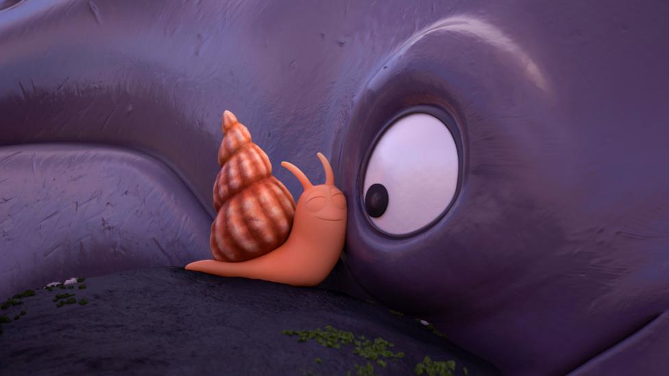 An animated snail, leaning in an embrace against the gigantic face of a whale, his eye turns to look at the affectionate snail.