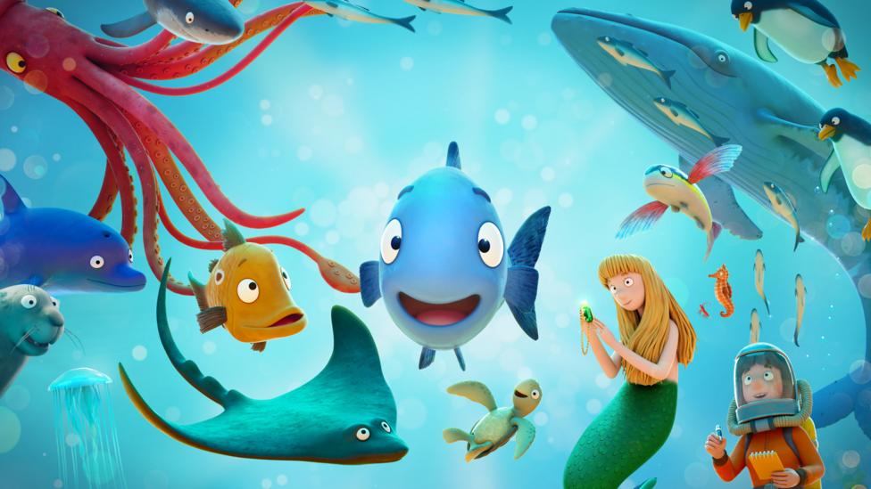 An animated and excitable blue fish floating in the sea, grinning and surrounded by his marine community.