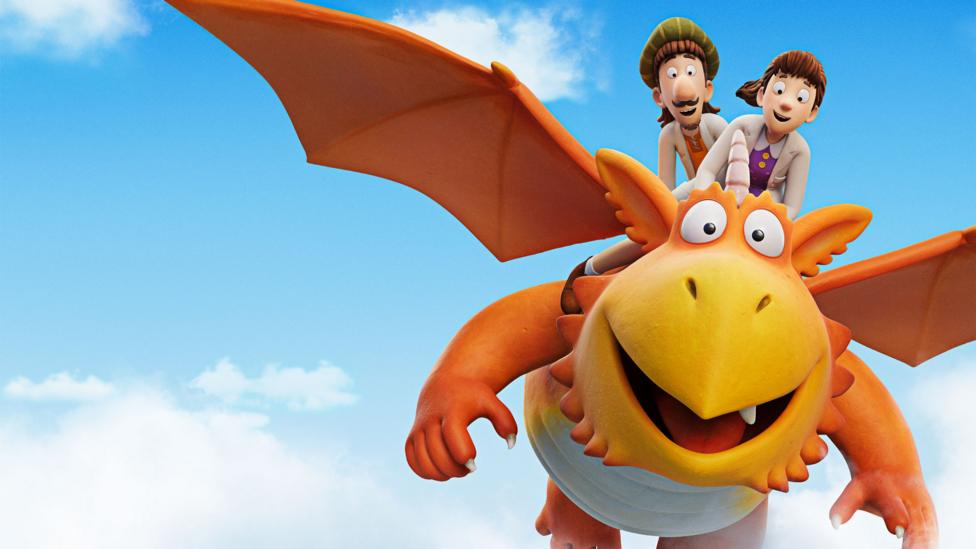 Princess Pearl and Sir Gadabout ride on the back of Zog the dragon