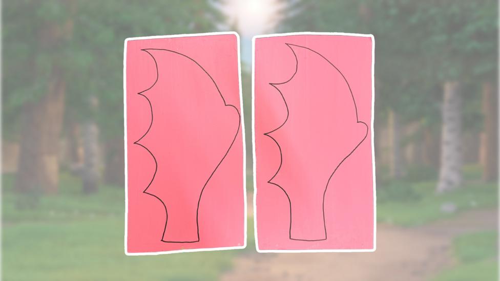 Image of two pieces of card with wing templates drawn on.
