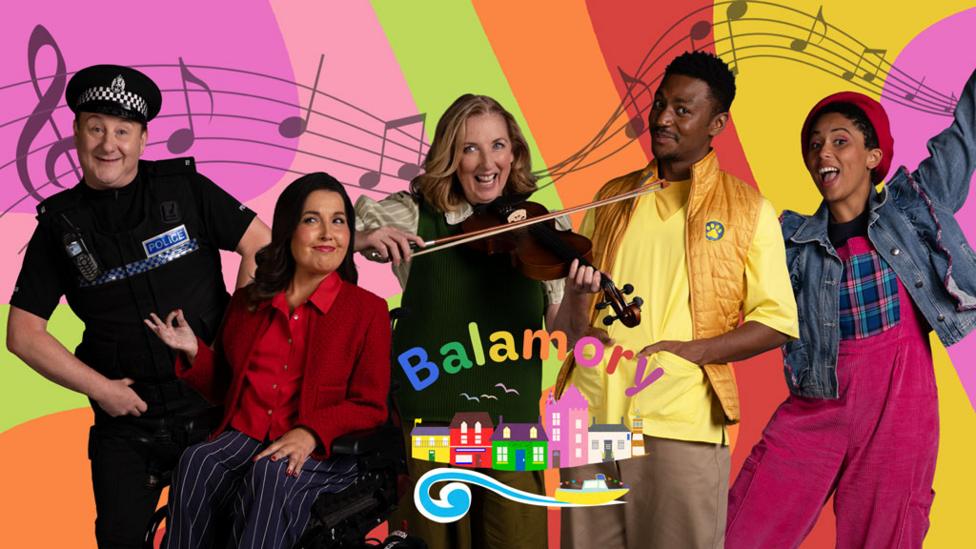 The lead characters from Balamory stood in front of a swirly colourful background looking happy, with musical notes swirling above them.