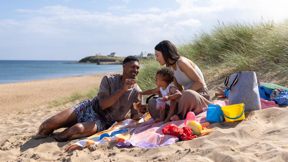 Couple on a beach picnic blanket in the sand dunes, balancing a toddler on their lap with strawberries.