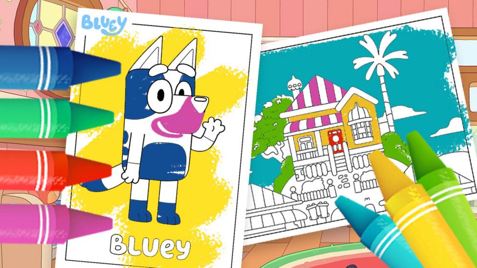 Bluey branded colouring in sheets which are half coloured in and surrounded by coloured crayons.