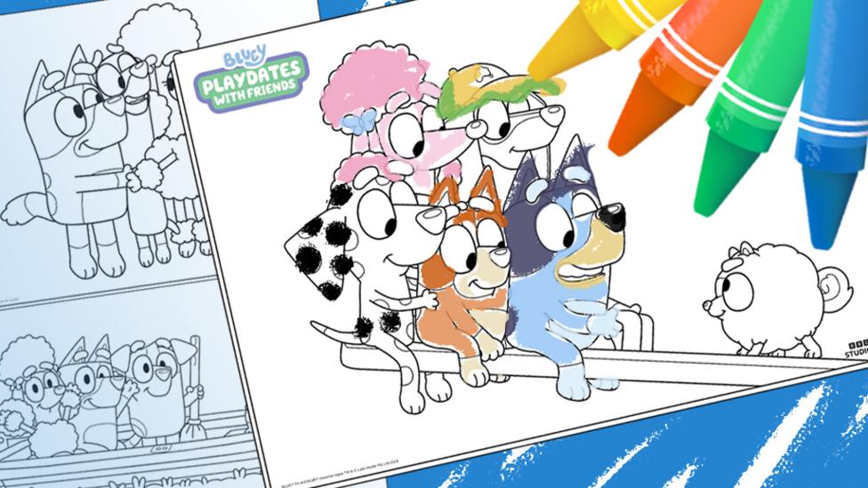 Bluey colouring sheets showing Bluey Playdate with Friends pack.