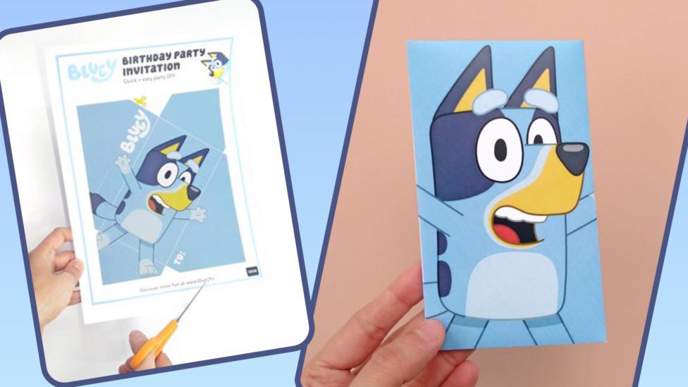 Image with a blue background showing how to make a Bluey invitation
