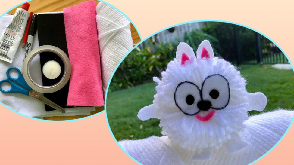 Circle images on a orange background with materials used for the make in one circle and an image of the final Bluey pom pom on the right