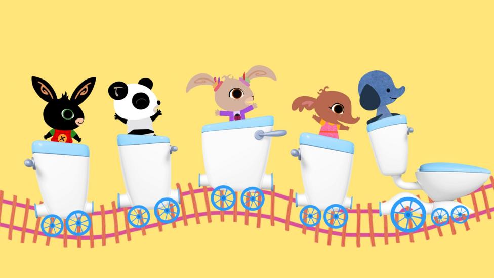 Left to right: Bing, Pando, Coco, Sula and Amma ride the toilet train on cartoon tracks.