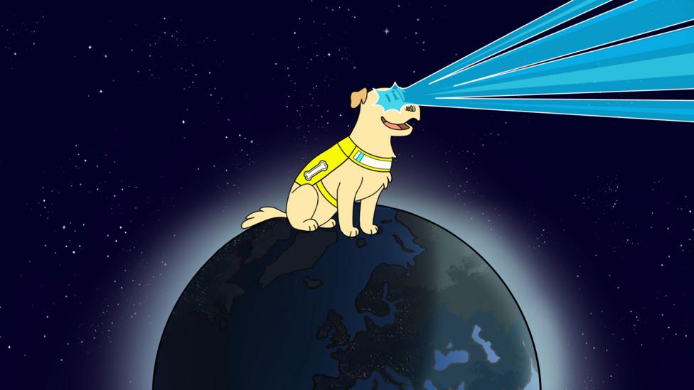 Animated version of Kika from Dog Squad sat on a black planet using Super Sight