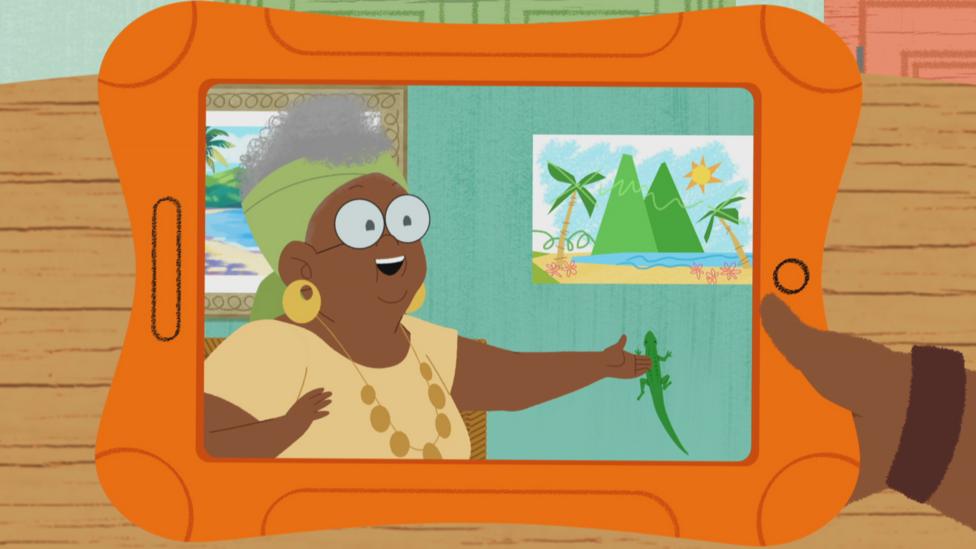 Great Gran Gran pictured during a video call on an orange tablet in JoJo & Gran Gran