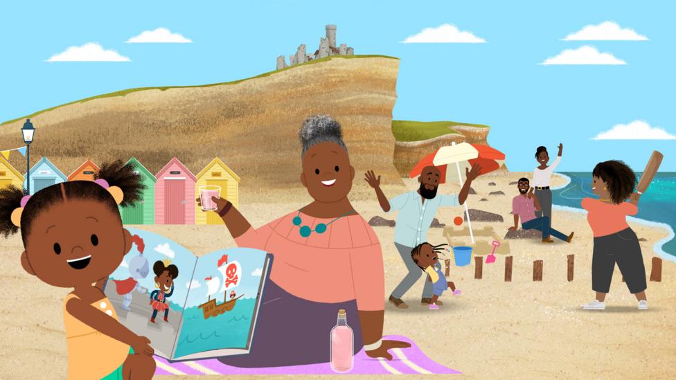 JoJo and Gran Gran on a busy beach, with JoJo in the foreground reading a storybook about pirates and GranGran in the background sat on a beach towel
