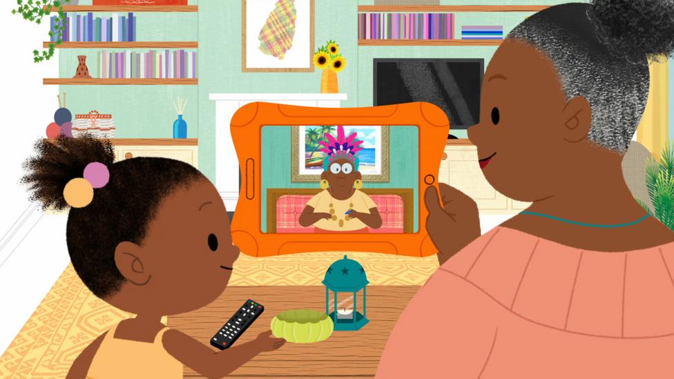 JoJo and Gran Gran talking to Great Gran Gran on an orange tablet in a colourful living room in JoJo & Gran Gran