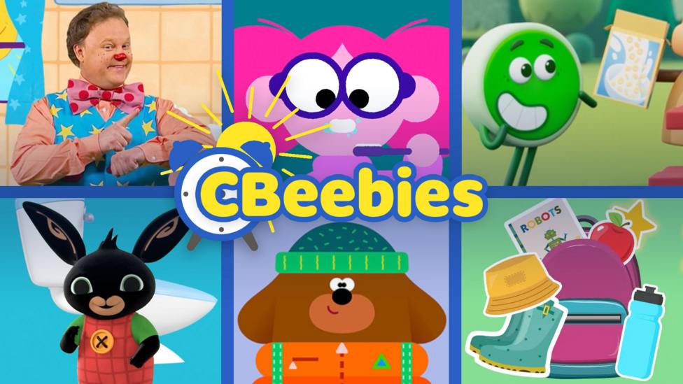 My Tumble, Maddie, Go, Bing, Duggee and a backpack in six segments, illustrating the steps to a morning routine.