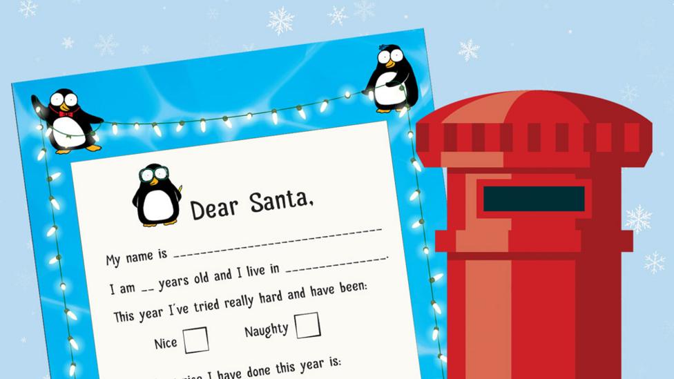 A Piripenguins letter to santa next to a red postbox