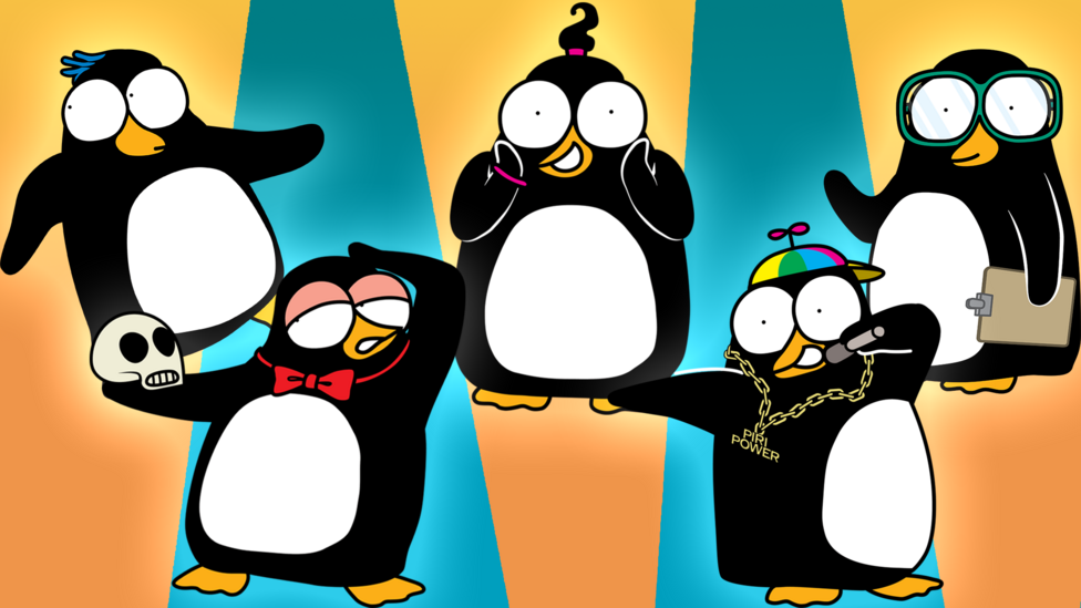 Five cartoon penguins in alternating spotlights of orange or blue, demonstrating their personalities. Top left penguin with blue hair, looking uncertain, top centre with pink bangle and quiff of hair with flippers excitedly at her cheeks, top right waving with glasses and clipboard, bottom right, free-style rapping with a propellor hat, and finally, bottom left, a dramatic penguin with a skull.