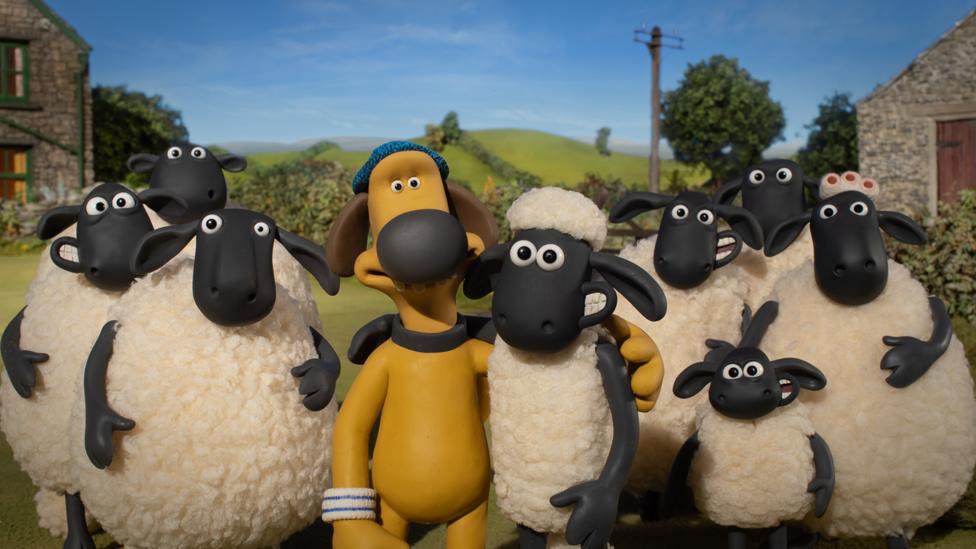 Shaun, Bitzer and the flock from the Shaun the Sheep animated TV series