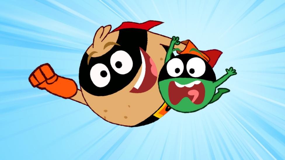 Supertato and Evil Pea flying through the air
