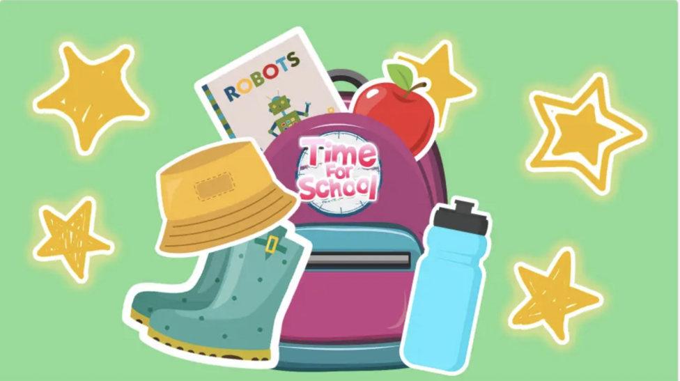 A cartoon bag filled with items a child would need for school