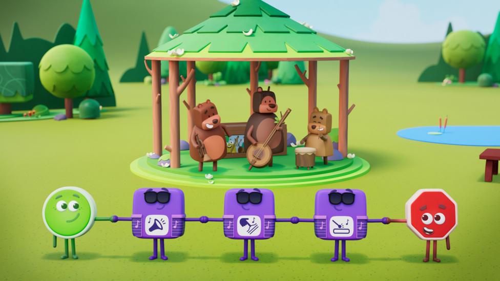 Green, purple and red Blocks standing in front of the Three Bears playing instruments