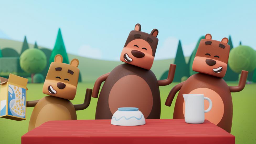 The Three Bears from Wonderblocks dancing outdoors behind a table with some breakfast cereal, a bowl and a jug nearby