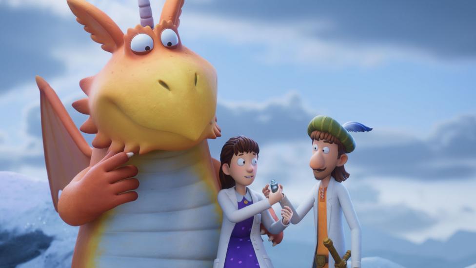 Zog the orange dragon, Doctor Princess Pearl and Sir Gadabout the Great stand before a cloudy sky.