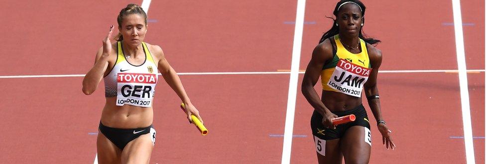 Rebekka Haase of Germany and Sashalee Forbes of Jamaica compete during the 4 X 100 Metres Relay heats during day nine of the 16th IAAF World Athletics Championships London 2017