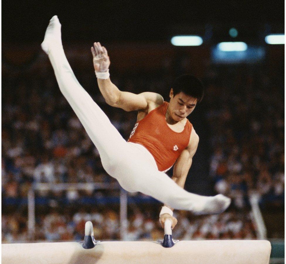 Li Ning of China performs in the Men's Gymnastics Pommel Horse event on 4 August 1984, Los Angeles, USA.