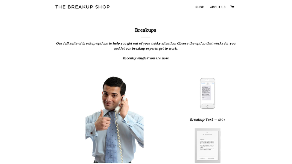 Screen shot of the Breakup Shop website