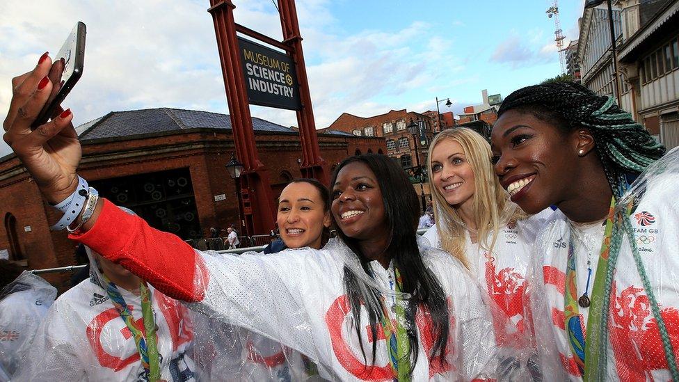 Jessica Ennis-Hill, Asha Philip, Louise Bloor and Anyika Onuora pose for a selfie during the Olympics & Paralympics Team GB - Rio 2016 Victory Parade