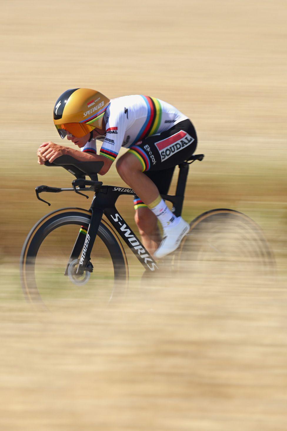 Team Soudal's Remco Evenepoel competes during the 77th Criterium du Dauphine  individual time trial stage in Saint-Peray. Photo by Dario Belingheri