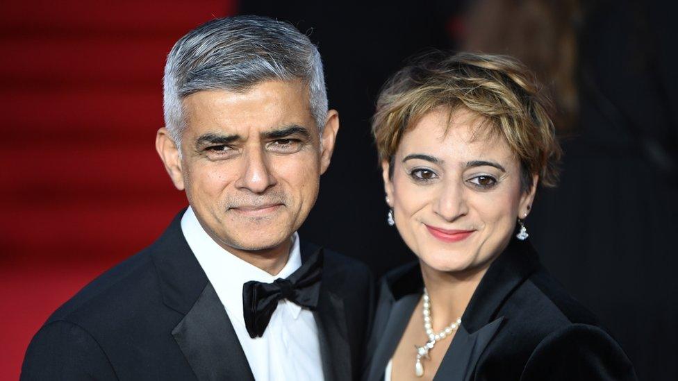 Mayor of London Sadiq Khan (L) and his wife Saadiya Khan arrive for the world premiere of the new James Bond film