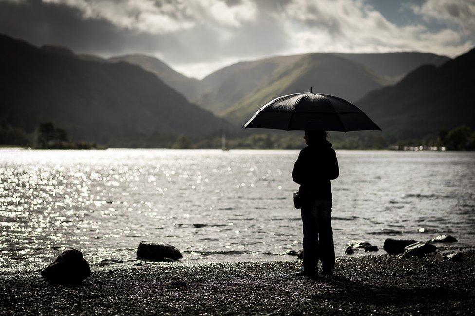 Person by water with umbrella