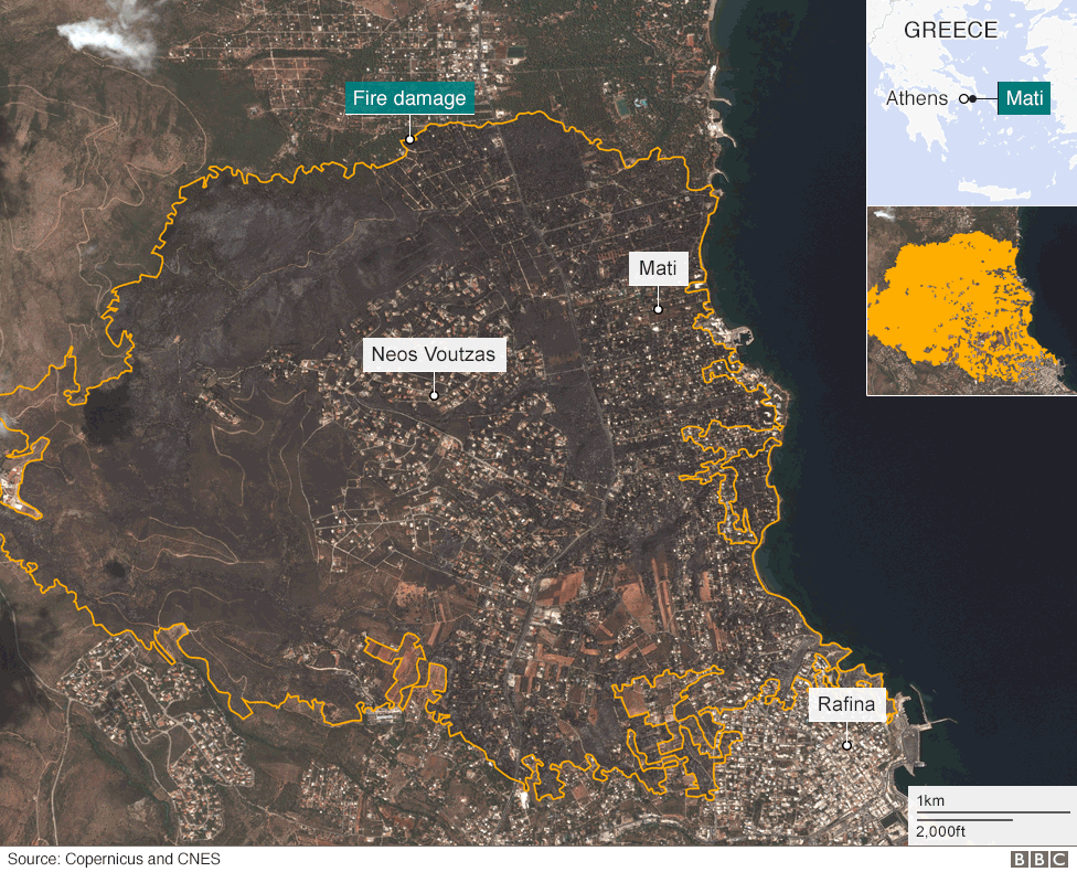 Satellite image of Mati area shows extent of fire damage