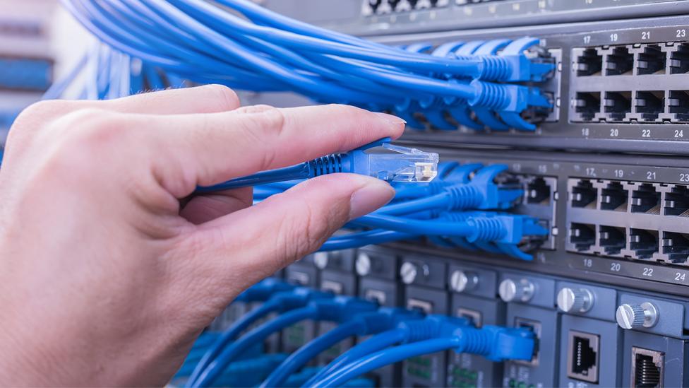 Stock image of a hand holding a network cable