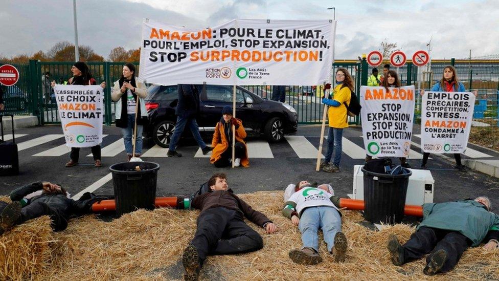 Activists block an Amazon centre in Bretigny-sur-Orge