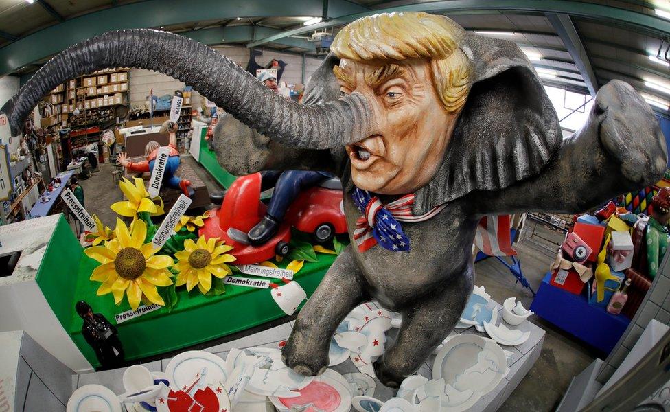 A carnival float titled "Trump-el-tier", depicting the new US President as an "Elephant in a China shop", in Mainz, Germany, 21 February 2017.