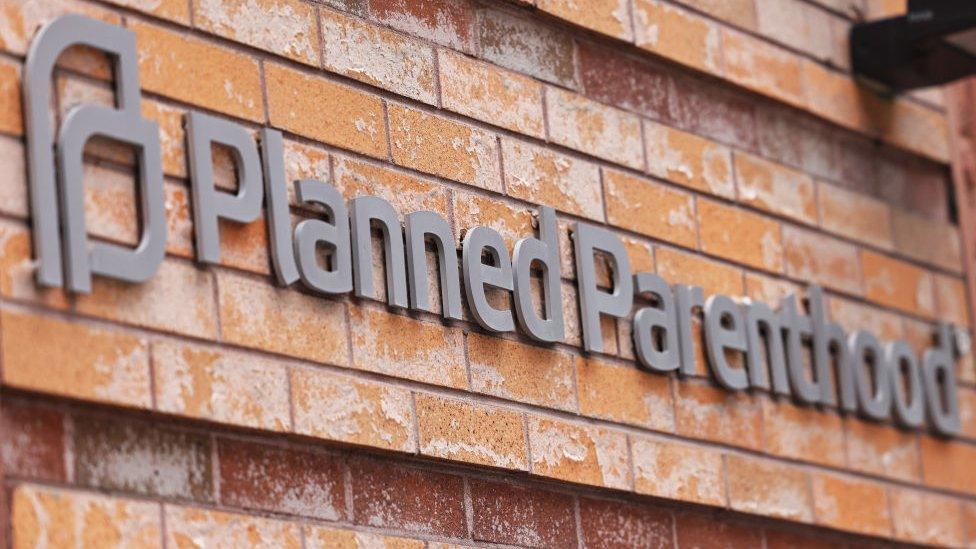 Planned Parenthood signage is seen in the Financial District neighborhood of Manhattan on April 16, 2021 in New York City