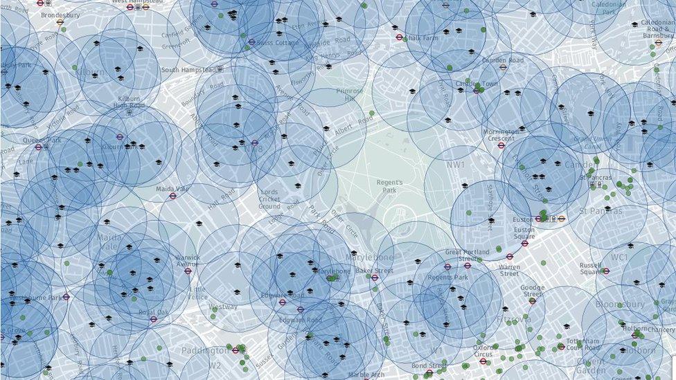 Map of Central London including schools with 400m circles around them