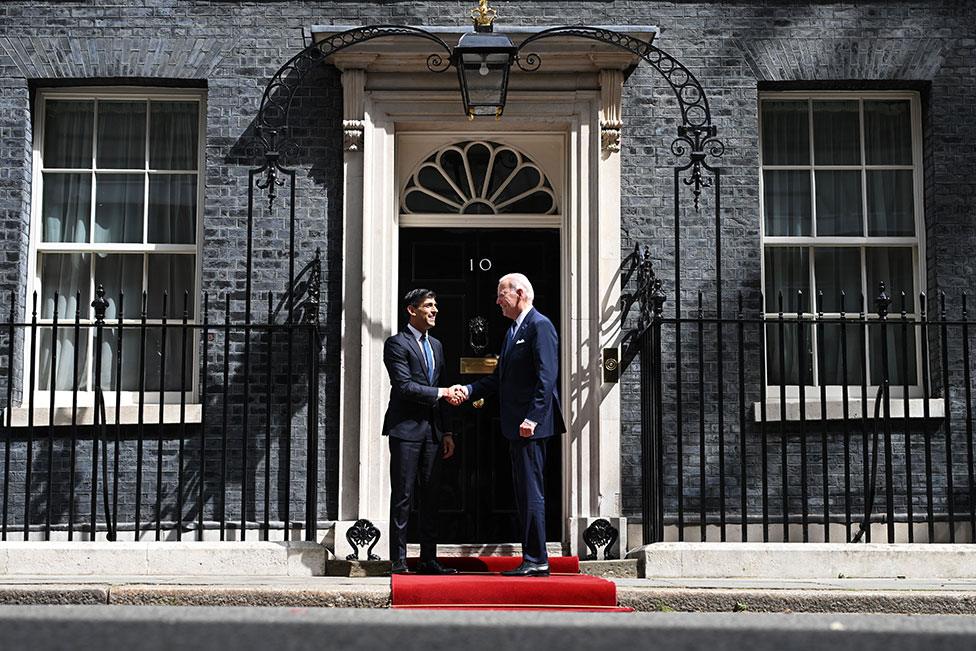 British Prime Minister Rishi Sunak welcomes US President Joe Biden at 10 Downing Street on 10 July 2023 in London, England