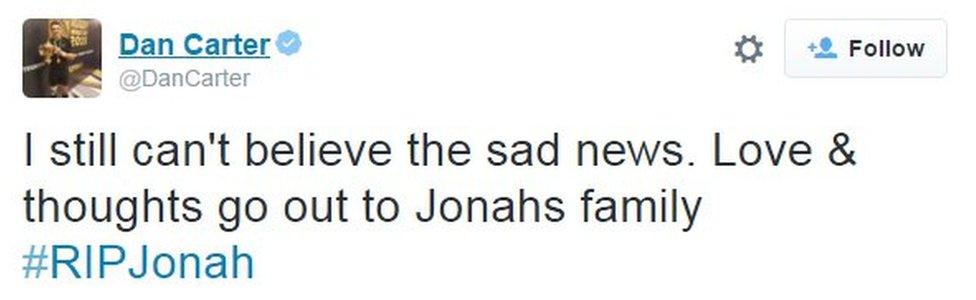 Dan Carter tweets "I still can't believe the sad news. Love & thoughts go out to Jonahs family #RIPJonah"