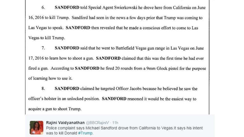 Screenshot of court papers quote Sandford saying he "made a conscious effort to come to Las Vegas to kill Trump