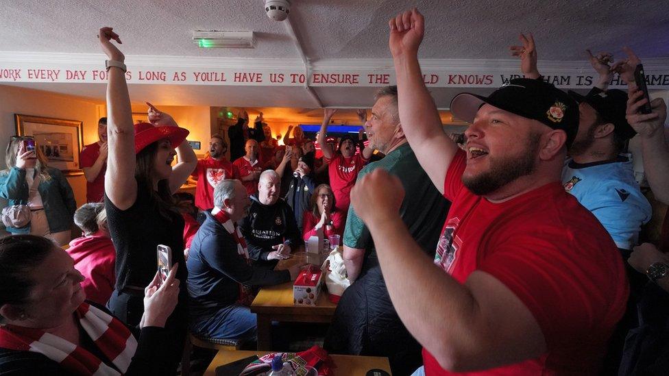 Wrexham fans partying in the Turf pub