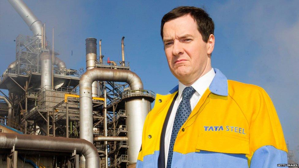 George Osborne in a Tata Steel jacket looking sad