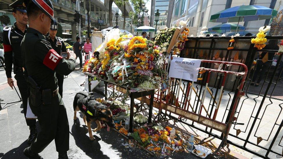Thai military police patrol with a dog as they inspect for security the area around the Erawan Shrine