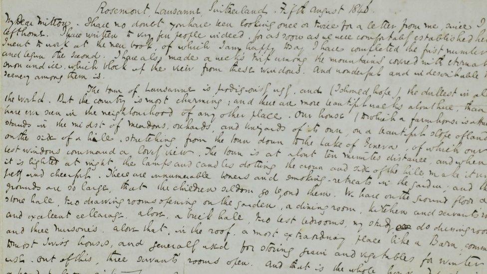 A letter written by Charles Dickens from Lausanne on August 5 1846, to his friend and solicitor Thomas Mitton in which Dickens describes in detail his stay in Switzerland