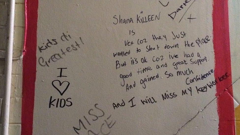 Graffiti left by Kids Company clients on the walls of Kids Company's "Urban Academy" in Southwark