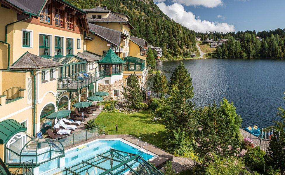 View across lake from Seehotel Jagerwirt